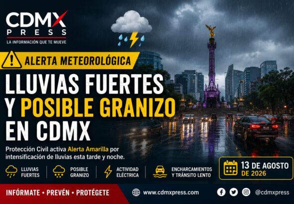 Lluvia intensa en calles de la Ciudad de México.