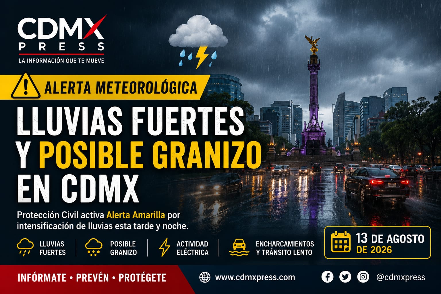 Lluvia intensa en calles de la Ciudad de México.