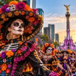 Catrinas llenan de color las calles de la Ciudad de México durante las celebraciones del día de muertos. Imagen ilustrativa generada con IA.
