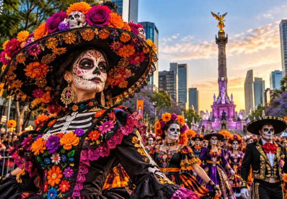 Catrinas llenan de color las calles de la Ciudad de México durante las celebraciones del día de muertos. Imagen ilustrativa generada con IA.