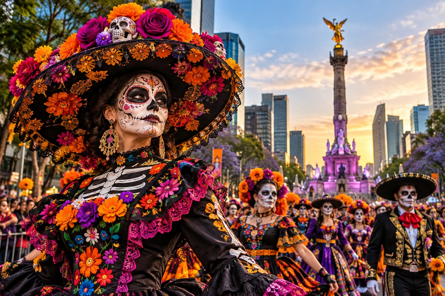 Catrinas llenan de color las calles de la Ciudad de México durante las celebraciones del día de muertos. Imagen ilustrativa generada con IA.